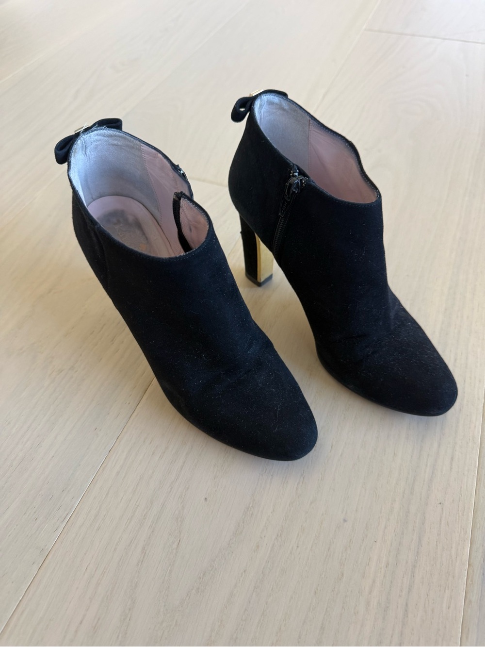 kate spade Black Suede Ankle Booties with Gold Heel Accent